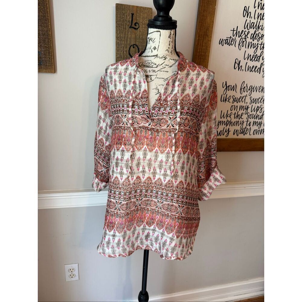 Chico's Women's Sheer Flowy Boho Peasant Moroccan Top Blouse Multicolor Size 1